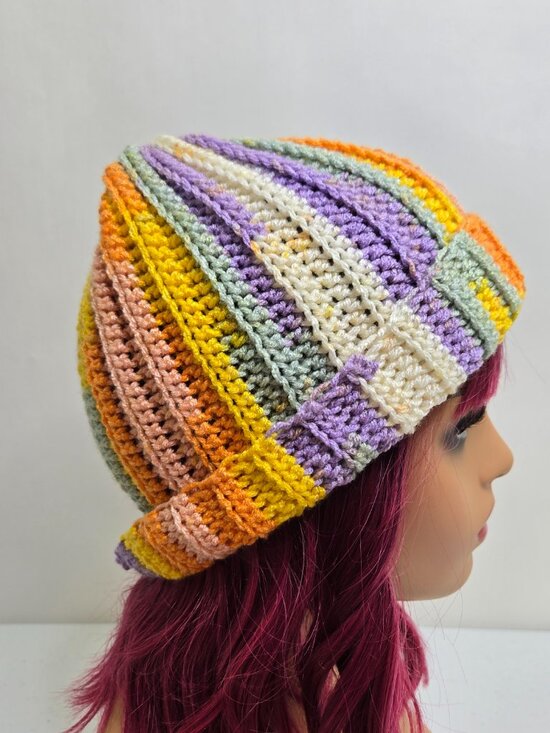 Handmade Crochet Slouchy Beanie, Colorful Patchwork Knit Hat main image 10